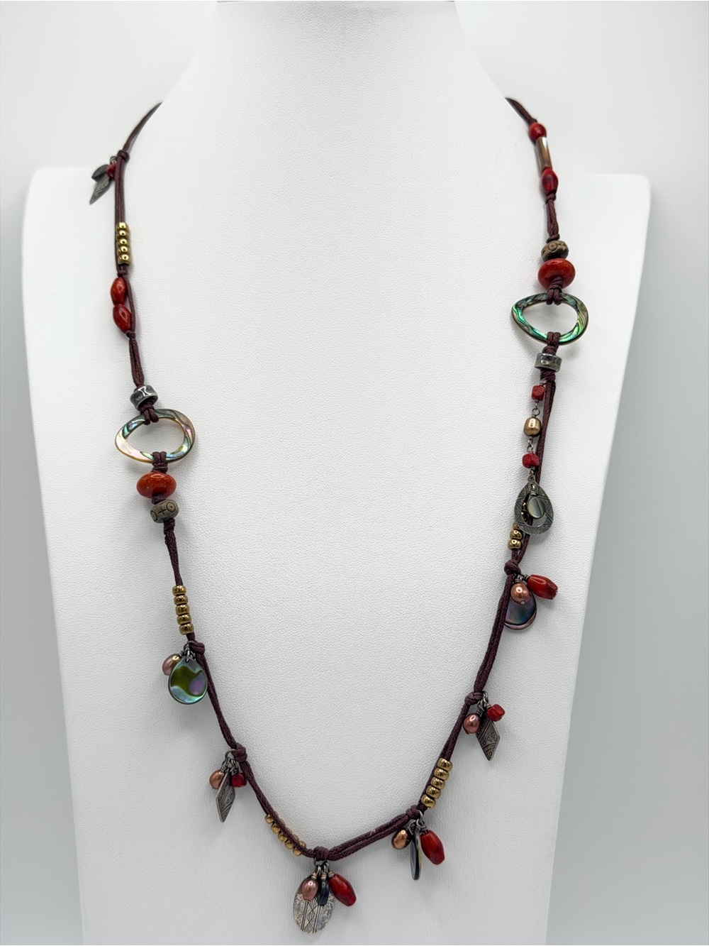 Silpada Sterling Abalone Shell, Coral and Brass on Dbl Leather Strands Necklace